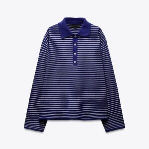 Zara Striped Blue and White Polo Sweater Medium